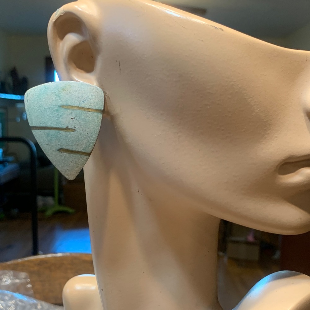 HUGE MODERNIST ABSTRACT BRUTALIST VERDIGRIS PATINA ARTIST MADE EARRINGS